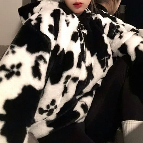 牛柄 フード付き ボアジャケット アウター ジップアップ ルーズ ボアパーカー もこもこ ゆったり ボア レトロ 韓国ファッション レディース 大人可愛い ガーリー DTC-656838465848