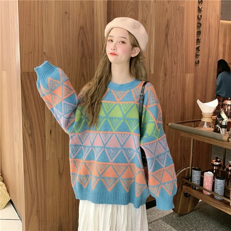 セーター ダイヤモンド柄 プルオーバー 韓国ファッション レディース ダイヤ柄 ニット ニットセーター レトロ 秋 冬 (DTC-608923083459)
