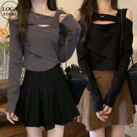 ロンT ショルダーオープン カットデザイン ショート丈 トップス 肌見せ カットソー tシャツ 無地 プルオーバー 長袖 レトロ 大人可愛い ガーリー DTCA-762797694809