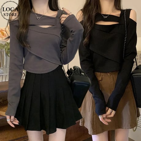 ロンT ショルダーオープン カットデザイン ショート丈 トップス 肌見せ カットソー tシャツ 無地 プルオーバー 長袖 レトロ 大人可愛い ガーリー DTCA-762797694809