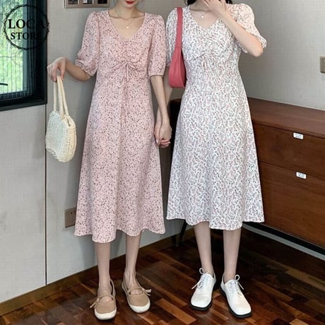 花柄ワンピース ギャザー Vネック パフ袖 ハイウエスト 半袖 Aライン ロング丈 シンプル 韓国ファッション レディース 大人可愛い ガーリー フェミニン DTC-644250041473