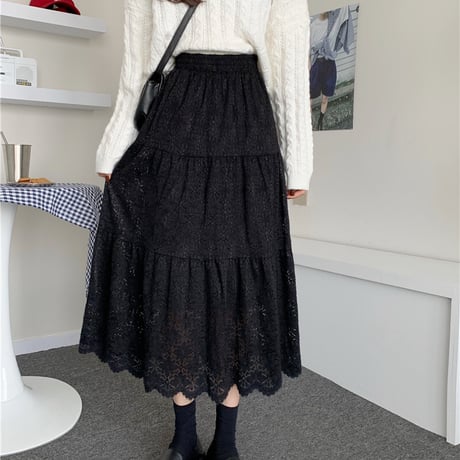 レース ベルベットスカート Aライン ハイウエスト 韓国ファッション レディース プリーツスカート ミドル丈 大人可愛い ガーリー DTC-631866327210