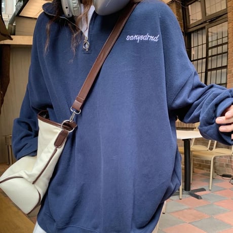 【3カラー】 トレーナー ハイネック ハーフジップ プラスベルベット 厚手 トップス オーバーサイズ ルーズ レトロ 韓国ファッション レディース カジュアル DTC-690414072368