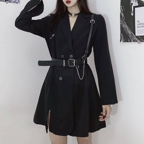 スーツワンピース ベルト付き シャツ ワンピース ダブルブレスト 長袖 ハイウエスト ショート丈 レトロ 韓国ファッション レディース 大人可愛い ガーリー DTC-669941579195