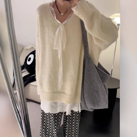 ニット レース リボン Vネック プルオーバー セーター トップス ルーズ フェイクツーピース 長袖 レトロ 大人可愛い ガーリー フェミニン カジュアル DTCA-849338174416