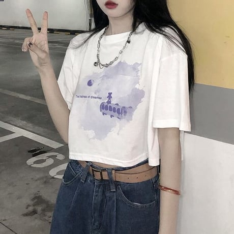Tシャツ クロップド丈 半袖 フロントプリント トップス ショート丈 クルーネック レトロ 韓国ファッション レディース 大人可愛い ガーリー カジュアル DTC-647653058151