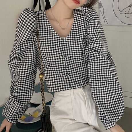 ブラウス シャツ 千鳥格子 チェック柄 Vネック ノーカラー ショート丈 パフスリーブ 長袖 レトロ 韓国ファッション レディース 大人可愛い ガーリー フェミニン DTC-665396622578