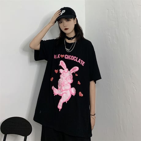 ユニセックス Tシャツ 半袖 メンズ レディース ラウンドネック うさぎ ラビット プリント オーバーサイズ 大きいサイズ ルーズ ストリート TBN-616203345862