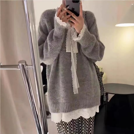 ニット レース リボン Vネック プルオーバー セーター トップス ルーズ フェイクツーピース 長袖 レトロ 大人可愛い ガーリー フェミニン カジュアル DTCA-849338174416