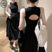 異素材MIX タンクワンピース バックオープン 背中開き ドッキングワンピース  ノースリーブ ロング丈 Aライン ハイウエスト レトロ 大人可愛い ガーリー DTCA-726972794265