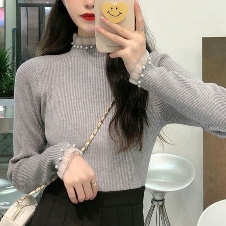 ニット パール レース フリル トップス リブニット スリムフィット ハーフハイネック タイト 長袖 レトロ 韓国ファッション レディース 大人可愛い ガーリー DTCA-774484225398