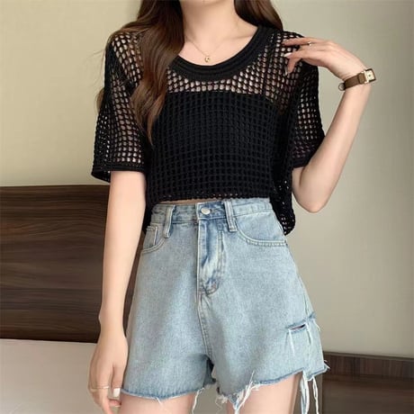 サマーニット メッシュ トップス プルオーバー tシャツ 透かし編み クルーネック ショート丈 レイヤードトップス 半袖 レトロ 大人可愛い ガーリー カジュアル DTCA-676945045996