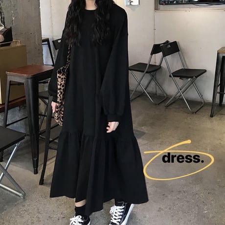 ワンピース 裾フレア ボリューム袖 韓国ファッション レディース ロング丈 ゆったり パフ袖 長袖 レトロ DTC-600921917884
