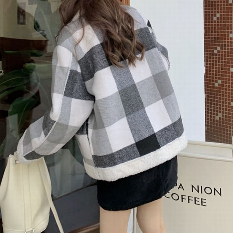 チェック柄 ボアジャケット ボアブルゾン もこもこ ゆったり ボア