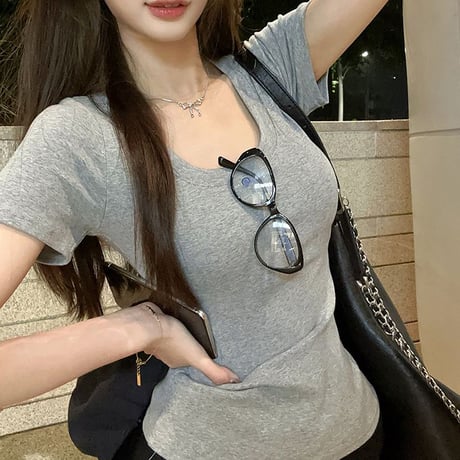 6COLOR Tシャツ 半袖 Uネック スリムフィット ショート丈 トップス レトロ 韓国ファッション レディース 大人可愛い ガーリー DTC-792036557105