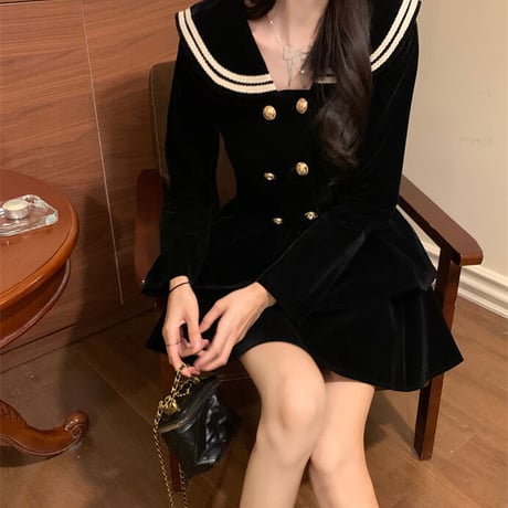 セーラー襟 ワンピース ダブルボタン 大きい襟 ハイウエスト 長袖 レトロ 韓国ファッション レディース 大人可愛い ガーリー フェミニン DTC-665157076558