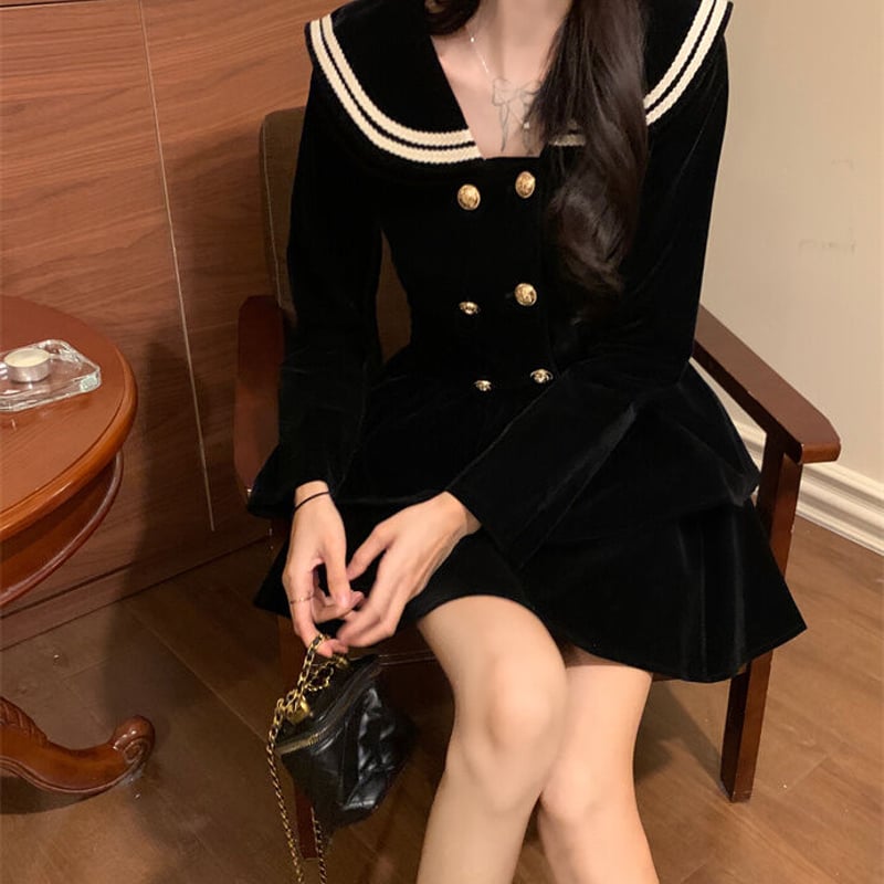 セーラー襟 ワンピース ダブルボタン 大きい襟 ハイウエスト