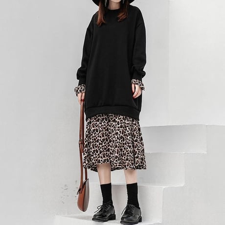 レディース レオパード フリルポイント ドッキングワンピース ロング丈 フレアスカート レイヤード風 重ね着風 韓国ファッション オルチャン (DCT-581221757538)
