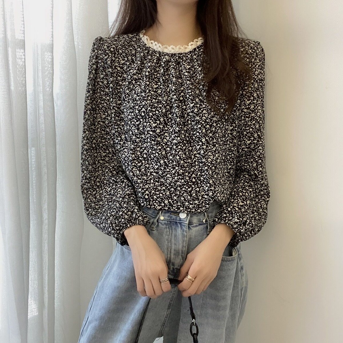 花柄ブラウス レース パフスリーブ トップス 花柄 ブラウス 総柄 長袖 