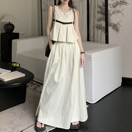 セットアップ ベルト付属 プリーツ ノースリーブ トップス ロングスカート ハイウエスト Aライン レトロ 韓国ファッション レディース 大人可愛い ガーリー DTC-780516128285