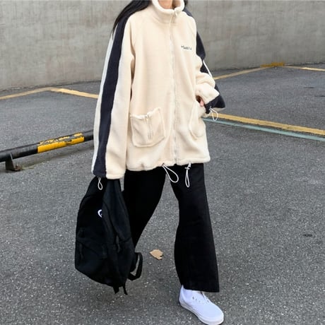 ボアブルゾン アウター 韓国ファッション レディース フリース もこもこ あったか フロントジッパー ファスナー 長袖 ゆったり シンプル レトロ ガーリー (DTC-604853811164)