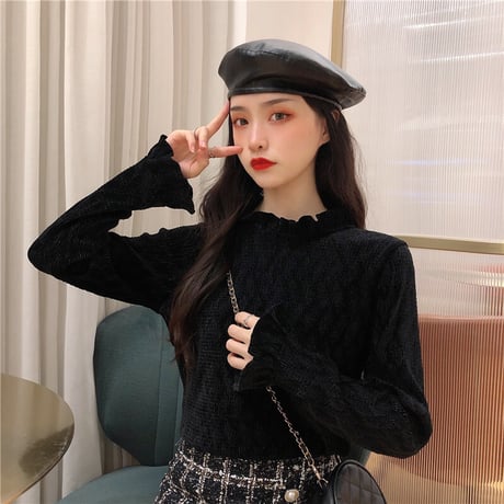 【トップス】 ハーフハイネック 長袖 ボトミングシャツ 韓国ファッション レディース アプリコット ブラック 大人可愛い かわいい ガーリー 630346324534