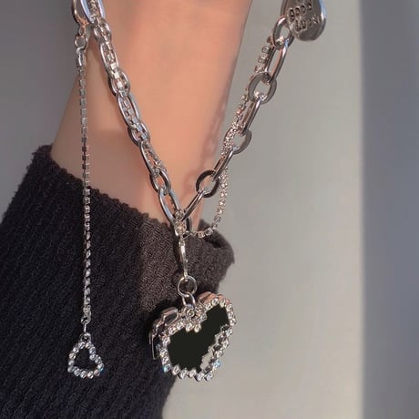 ハートネックレス 太チェーン ラインストーン 金属アレルギー対応 ハート ジルコン ネックレス アクセサリー チタンスチール 韓国アクセサリー 韓国ファッション DTC-672751439463