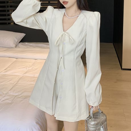 セットアップ 上下セット 変形ロングシャツ ショートパンツ リボンタイ 長袖 ハイウエスト レトロ 韓国ファッション レディース 大人可愛い ガーリー DTC-710081649670