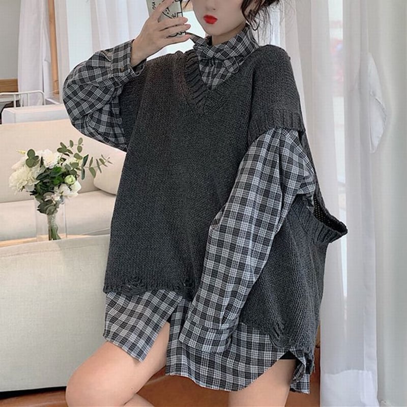 セットアップ チェック柄シャツ ダメージ加工 ニットベスト セットアップ チェック柄シャツ ダメージ加工 ニットベスト