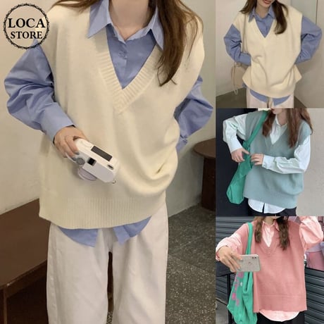 2点セット シャツ ニットベスト Vネック レイヤード ゆったり トップス レトロ 韓国ファッション レディース 大人可愛い ガーリー カジュアル DTC-652316612772