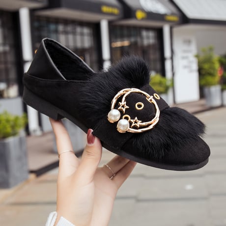 ファーパンプス 韓国ファッション レディース ファーシューズ フラットパンプス ベルト ぺたんこ ラウンドトゥ 美脚 DTC-578838180776