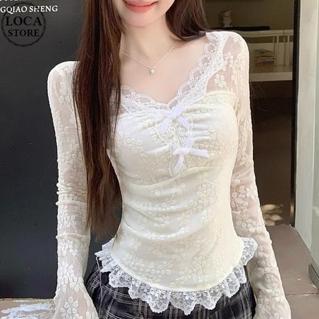 レース トップス Vネック リボン ロンT 薄手 tシャツ スリムフィット 長袖 レトロ 大人可愛い ガーリー フェミニン DTCA-883511135155