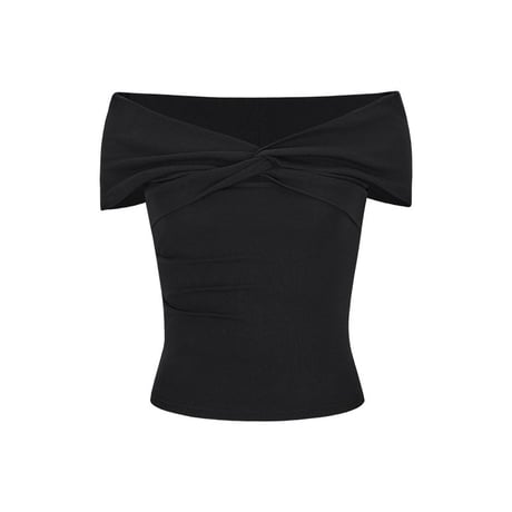 オフショルダー Tシャツ クロスデザイン トップス スリムフィット ショート丈 カットソー 半袖 レトロ 大人可愛い ガーリー DTCA-908624611946