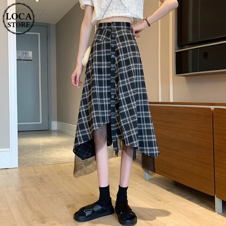 不規則デザイン チェック柄 スカート 裾レース フロントボタン ロング丈 Aライン ハイウエスト 韓国ファッション レディース ロングスカート 大人可愛い ガーリー DTC-638836072176