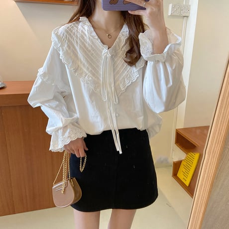 ブラウス リボン フリル パフ袖 Vネック 長袖 韓国ファッション レディース 大人可愛い ガーリー フェミニン DTC-640526555584