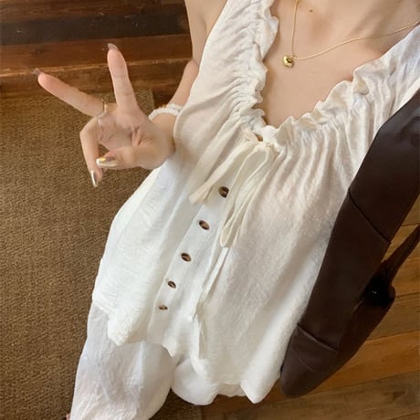 セットアップ 2点セット ノースリーブ シャツ ワイドパンツ ルーズ トップス モップパンツ レトロ 韓国ファッション レディース 大人可愛い ガーリー DTC-798283919671