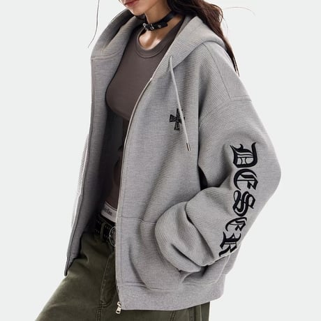 フーディー 袖ロゴ ゴシック文字 刺繍 ワッフル ジップアップ パーカー レタリングロゴ フード付き トップス オーバーサイズ ゆったり 長袖 レトロ カジュアル DTCA-979234521778