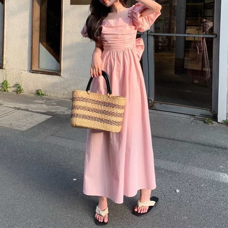 バックリボン ワンピース バックオープン 背中開き スクエアネック