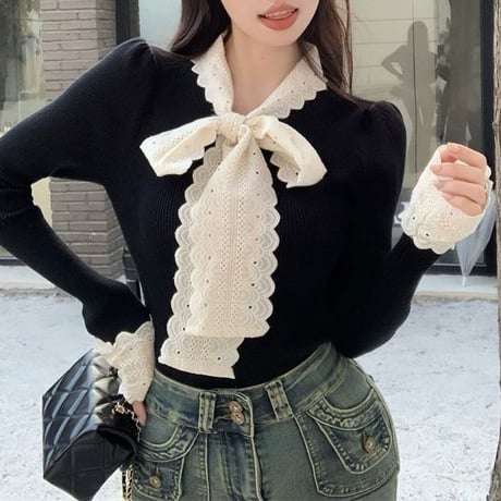 ニット レース リボン フリル Vネック トップス リブニット スリムフィット 長袖 レトロ 大人可愛い ガーリー フェミニン DTCA-870461542646