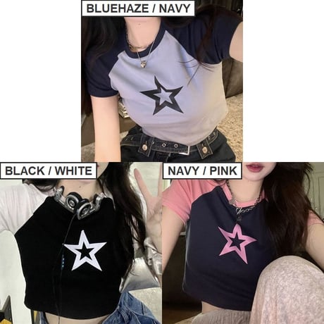 【3カラー】 クロップド丈 Tシャツ スター 星 ラグランスリーブ スリムフィット へそ出し 半袖 レトロ 韓国ファッション レディース 大人可愛い ガーリー DTC-786257392285
