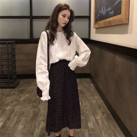 フラワーレース ブラウス 韓国ファッション レディース 長袖 無地 レース トップス バルーン袖 ランタンスリーブ ガーリー DTC-586891140129
