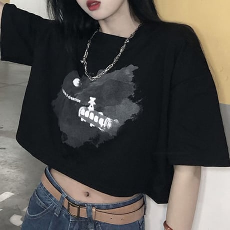 Tシャツ クロップド丈 半袖 フロントプリント トップス ショート丈 クルーネック レトロ 韓国ファッション レディース 大人可愛い ガーリー カジュアル DTC-647653058151