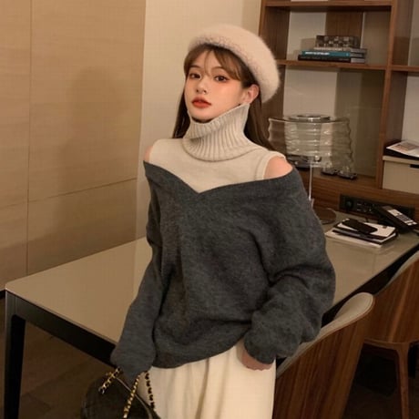 ドッキング ニット セーター ハイネック オープンショルダー 韓国ファッション レディース フェイクレイヤード 肩あき ルーズ ゆったり 大人可愛い ガーリー DTC-630951104613