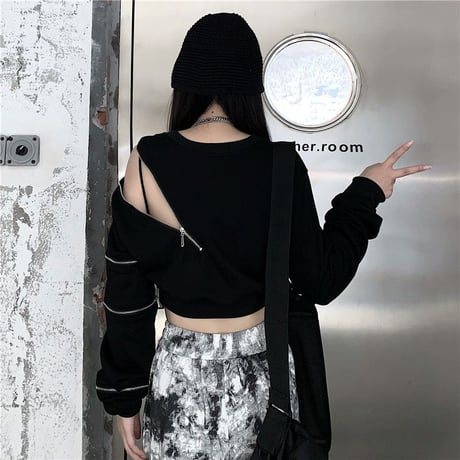 ショート丈 トップス ファスナー Tシャツ スリット オフショルダー トレーナー プルオーバー ルーズ ゆったり 長袖 韓国ファッション レディース カジュアル DTC-733212755331