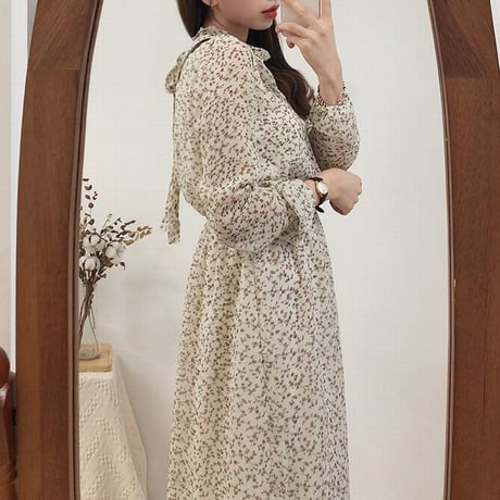 レディース Vネック 花柄 シフォン ロングワンピース レトロ 長袖 花柄 フェミニン 韓国ファッション オルチャン (DCT-585296164758)