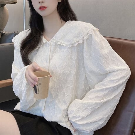 リボンタイ付き ブラウス 大きい襟 パフ袖 長袖 ルーズ レトロ 韓国ファッション レディース 大人可愛い ガーリー フェミニン DTC-654889582920