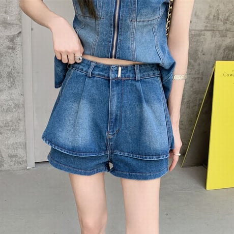 セットアップ 2点セット デニム ノースリーブジャケット ショートパンツ ジップアップ レトロ 韓国ファッション レディース 大人可愛い ガーリー DTC-678622473319
