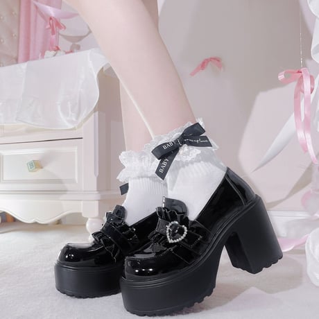 厚底 ローファー 22.5～25.0cm フリル チャンキーヒール パテントレザー 厚底シューズ ラウンドトゥ キュート かわいい 靴 韓国ファッション レディース DTCA-825953140495