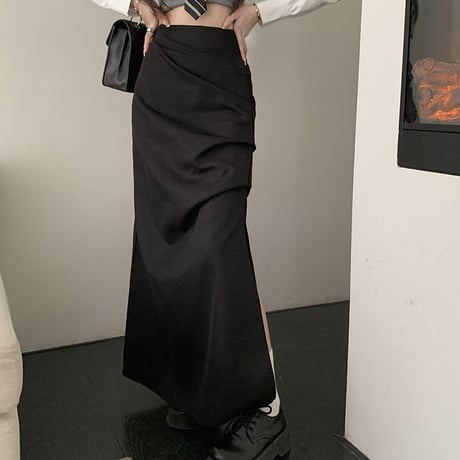 ロングスカート スリット ギャザー ハイウエスト スリム Aライン スカート レトロ 韓国ファッション レディース 大人可愛い ガーリー DTC-704946881913