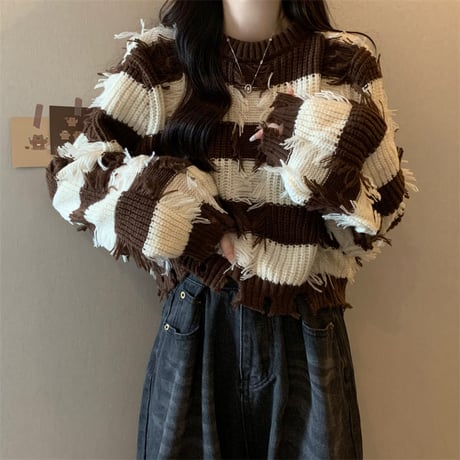 ボーダーニット ダメージ加工 フリンジ アプリコット パープル プルオーバー ダメージニット ニット ボーダー ショート丈 セーター 秋 冬 レトロ カジュアル DTCA-749285041716